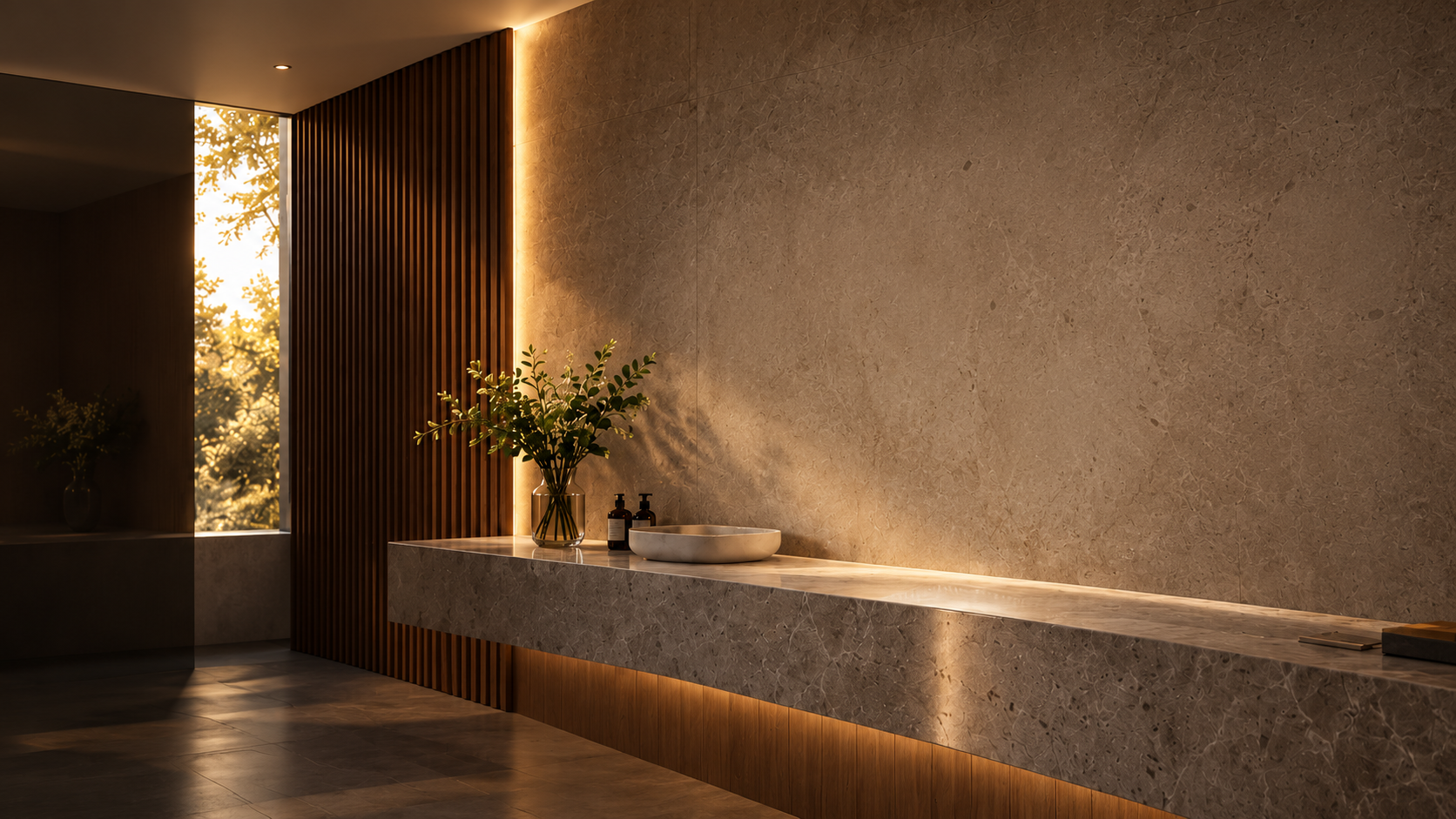 Warm stone and walnut architectural room